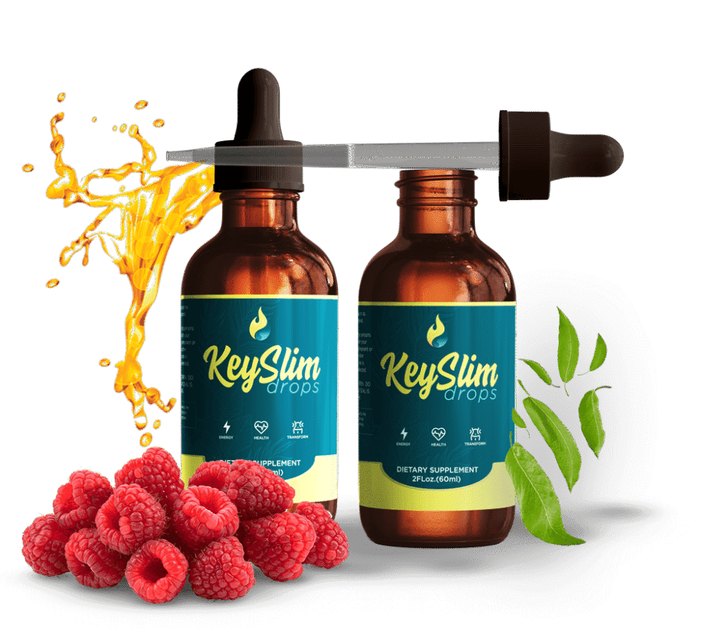 KeySlim Drops supplement bottles with raspberries and herbs for natural weight loss support