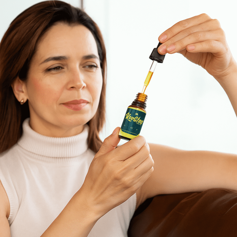 Woman using KeySlim Drops sublingual weight loss supplement