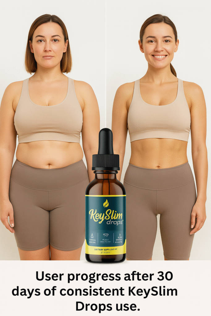 Before and after image of female user showing belly fat reduction after 30 days of KeySlim Drops use.