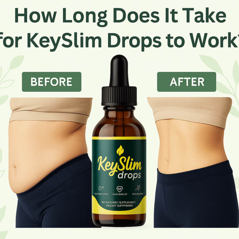 Before and after comparison of belly fat reduction with KeySlim Drops showing a real product bottle in the center.